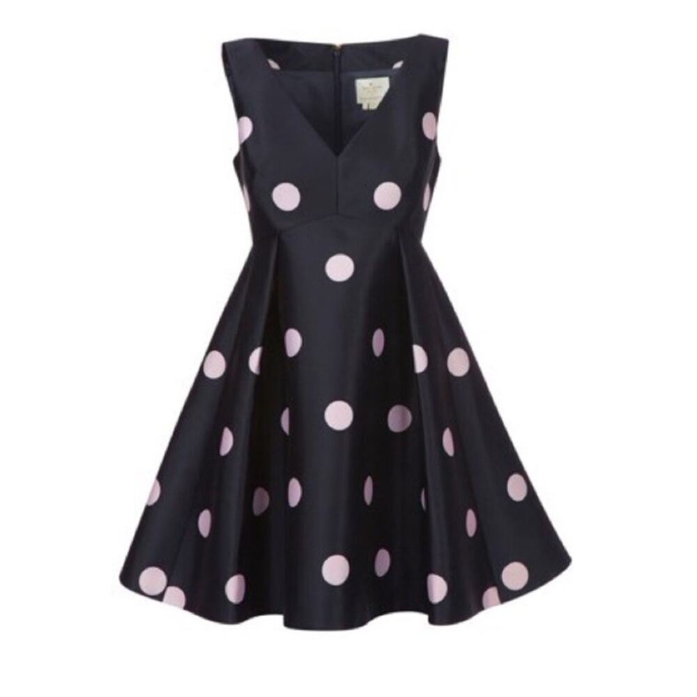 $448 KATE SPADE SPOTLIGHT V NECK Blue Navy & PINK POLKA DOT DRESS SIZE 10 A-Line